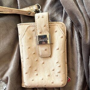 Grace Adele Beige Ostrich-Texture Wristlet Phone Case with Logo Plaque